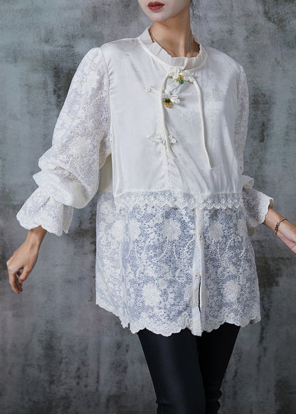 White Chinese Button Patchwork Lace Shirts Summer