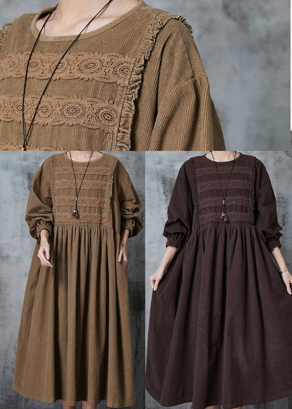 Coffee Oversized Patchwork Lace Corduroy Long Dress Spring
