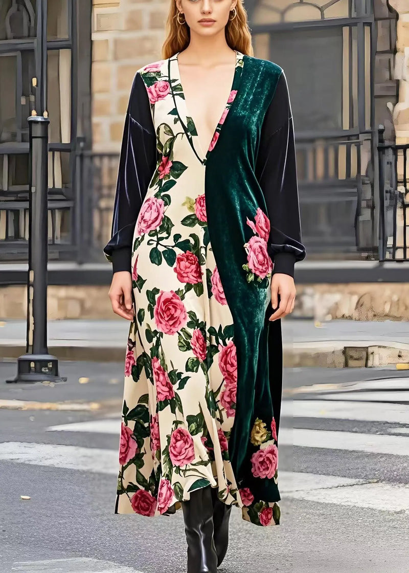 Asymmetrical Patchwork Silk Velvet Maxi Dresses Spring