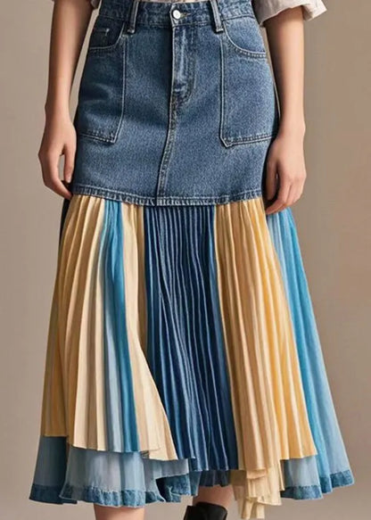 Italian Rainbow Striped Patchwork Denim Pleated Skirt Fall