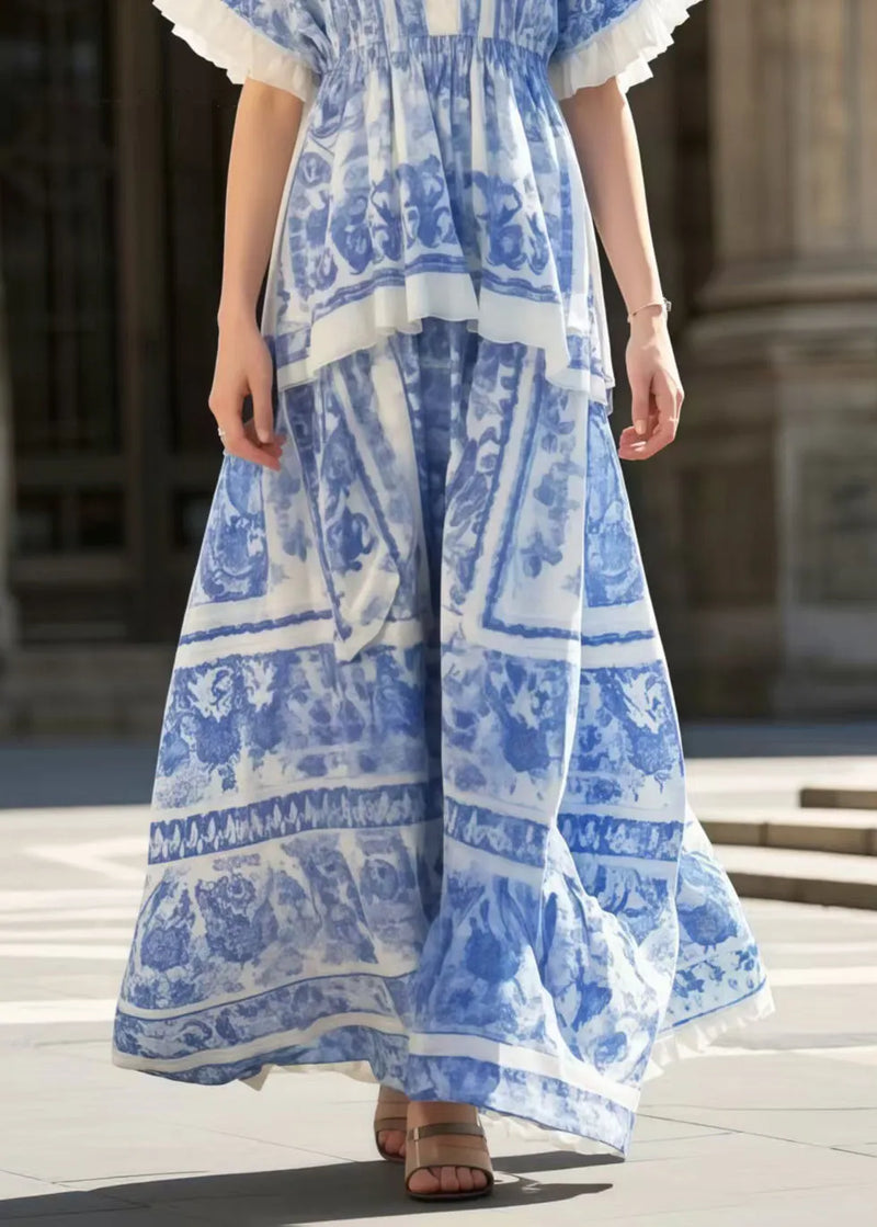 Blue Print Exra Large Hem Cotton Holiday Dress Summer