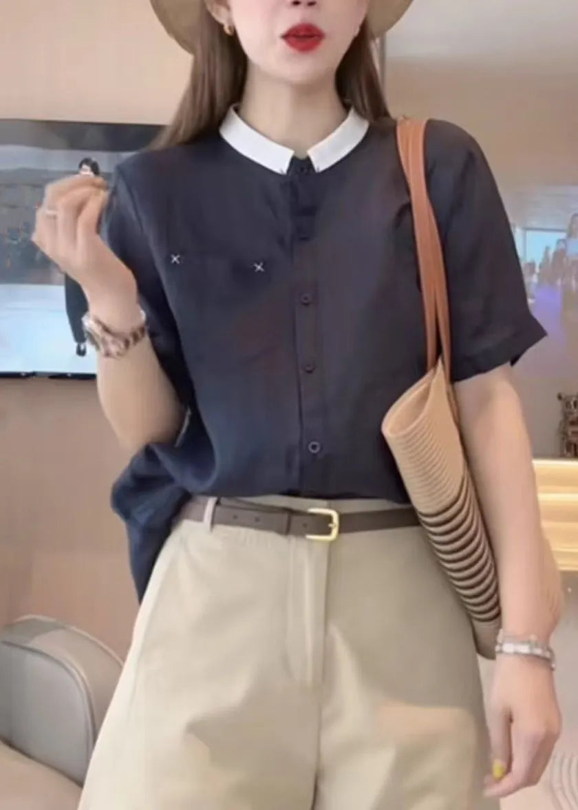 Loose Navy Button Pockets Cotton Shirts Summer