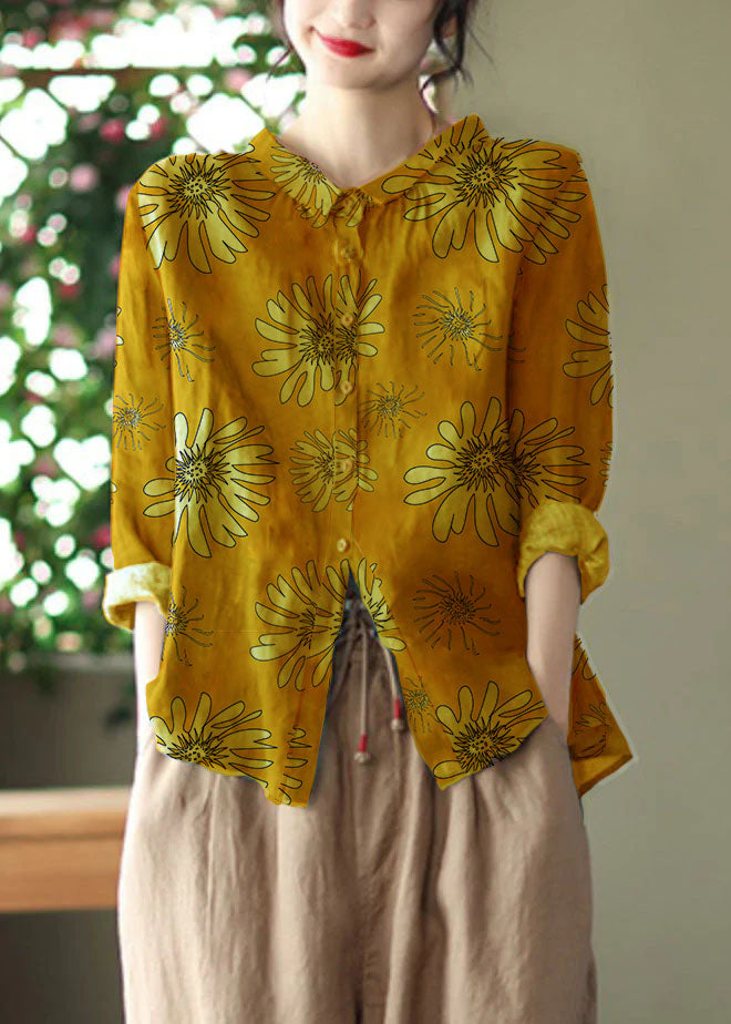 Retro Peacock Grey Peter Pan Collar Print Button Wrinkled Shirts Long Sleeve