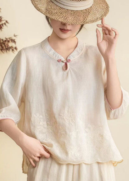 Orange Stand Collar Embroidered Linen Shirt Summer
