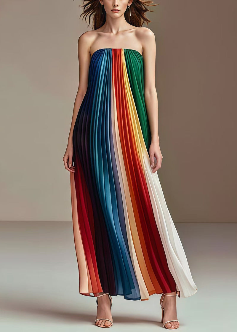 Rainbow Wrinkled Chiffon Strapless Dress Summer