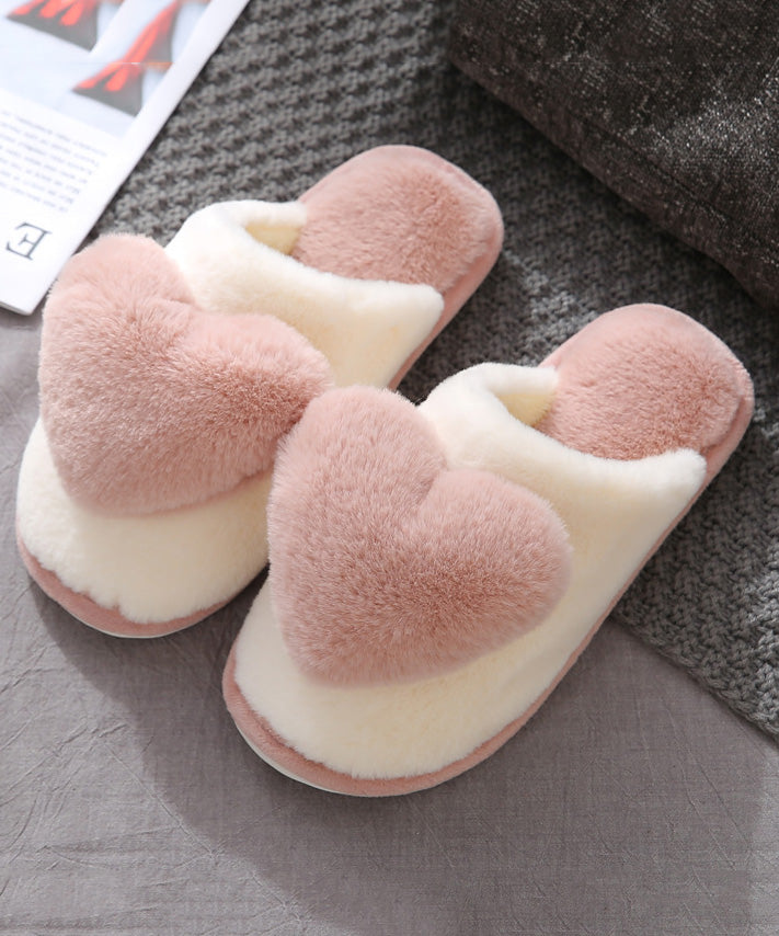 Pink Fuzzy Wool Lined Slippers Shoes Splicing Heart