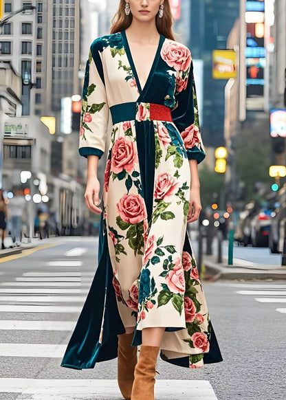 Peacock Green Cinched Print Silk Velvet Dress Spring