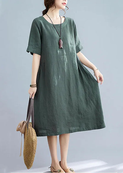 Handmade Green Wrinkled Linen Vacation Dresses Short Sleeve