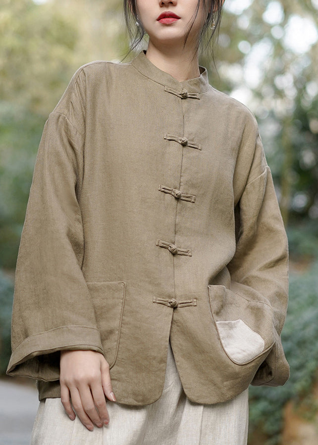 Chinese Style Stand Collar Pockets Oriental Button Linen Coat Spring