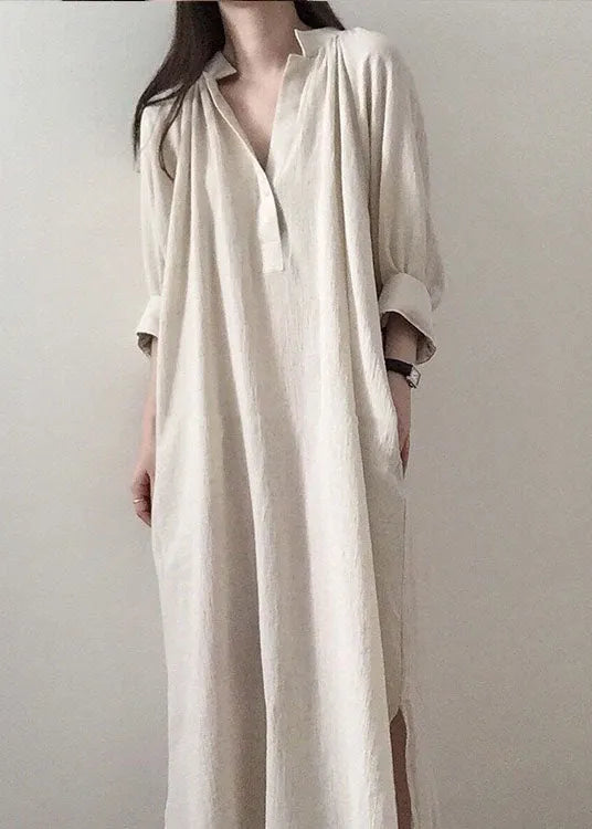 Apricot Side Open Stand Collar Cotton Dresses Long Sleeve