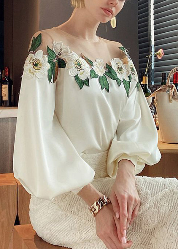 Fine Beige Embroidered Tulle Patchwork Silk Shirt Tops Spring