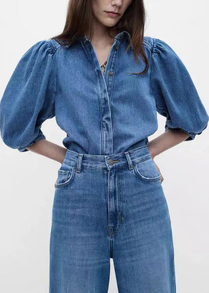 Denim Blue Button Shirts and Pants Two Pieces Set Half Sleeve