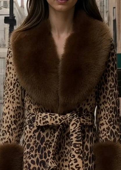 New Leopard Peter Pan Collar Lace Up Fuzzy Fur Fluffy Coat Fall