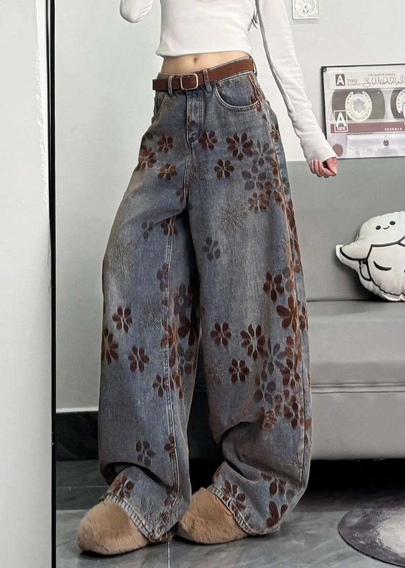 Navy Oversized Print Denim Pants Spring
