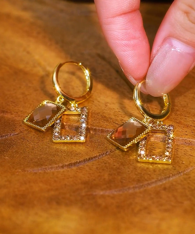 Coffee Sterling Silver Alloy Zircon Square Drop Earrings