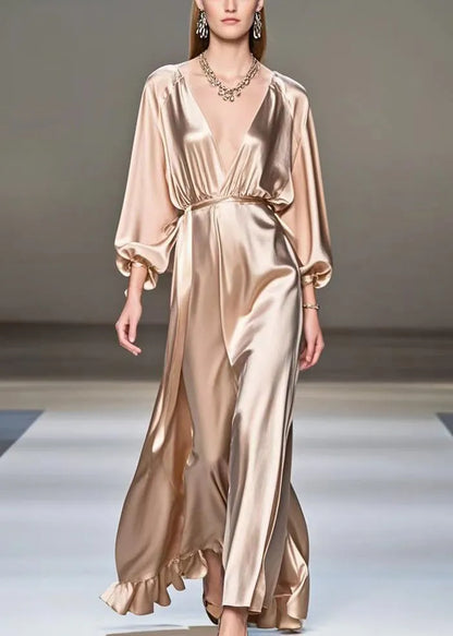 Champagne V Neck Ruffles Silk Long Dresses Fall