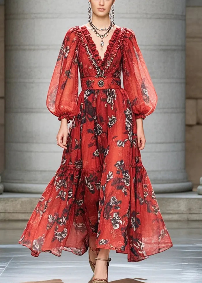 Red Ruffled Print Chiffon Cinched Dress Fall