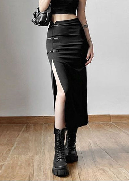 Black Side Open Button Long Skirt Summer
