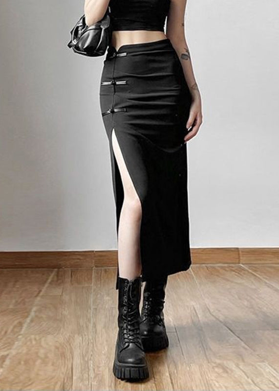 Black Side Open Button Long Skirt Summer