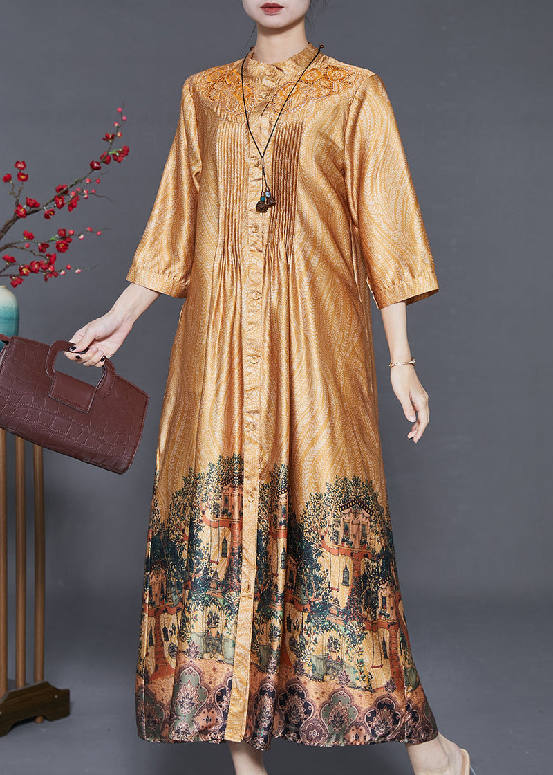 Yellow Hollow Out Print Wrinkled Silk Shirt Dresses Summer