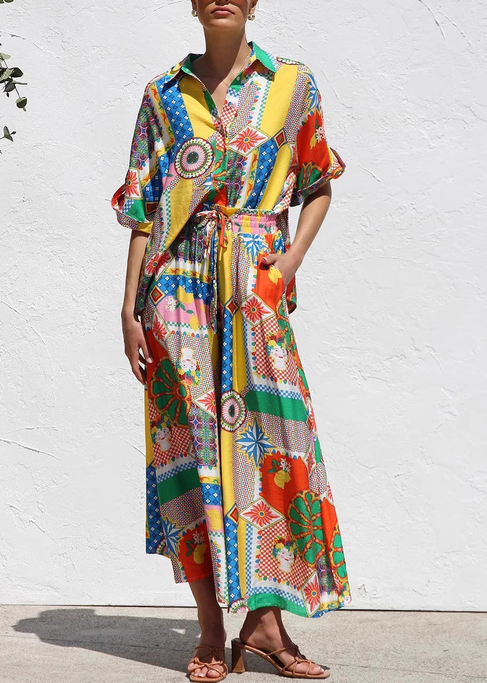 Print Shirts and Maxi Skirts Two Piece Set Short Sleeve
