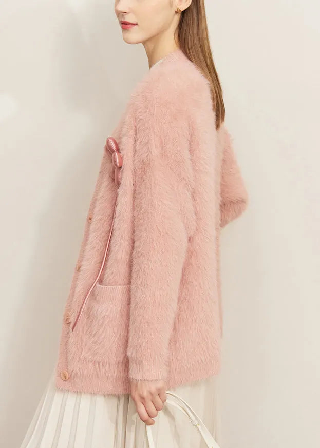 Pink Pockets Mink Velvet Cardigan V Neck Winter
