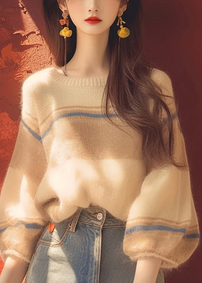 Apricot O Neck Cozy Patchwork Knit Sweater Winter