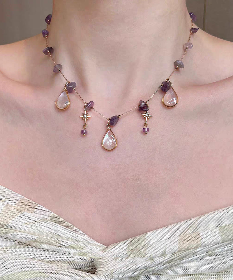 Gradient Color Purple Copper Overgild Crystal Star Water Droplet Pendant Necklace