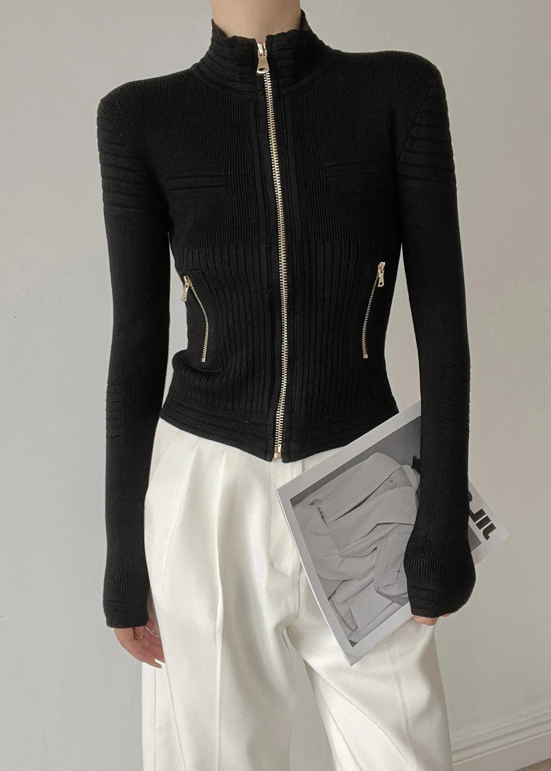 White Stand Collar Zip Up Patchwork Woolen Knit Cardigans Winter