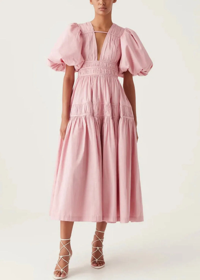 Italian Pink V Neck Wrinkled Cotton Maxi Dress Puff Sleeve