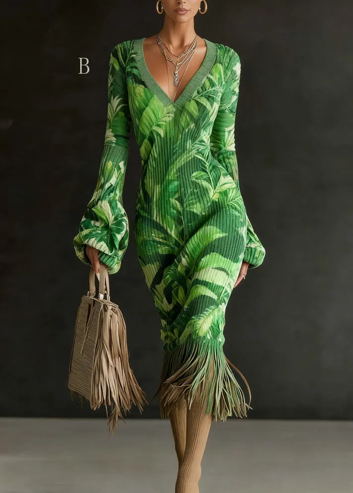 V Neck Tassel Patchwork Knitted Sweaters Dress Winter