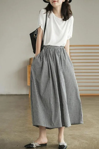 Cotton Plaid Pocket Straight Wide Leg Pants