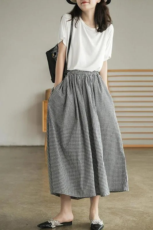 Cotton Plaid Pocket Straight Wide Leg Pants