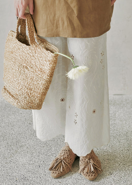 Beige Embroidered Pockets Cotton Wide Leg Pants Summer