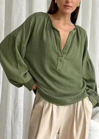 Green V Neck Patchwork Tops Fall
