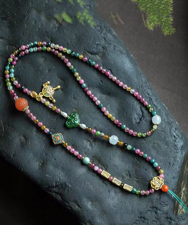 Multicolour Hand Woven Beading Jade Tassel Pendant Necklace