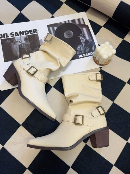 White Ankle British Style Belt Buckle Martin Temperament Length Boots