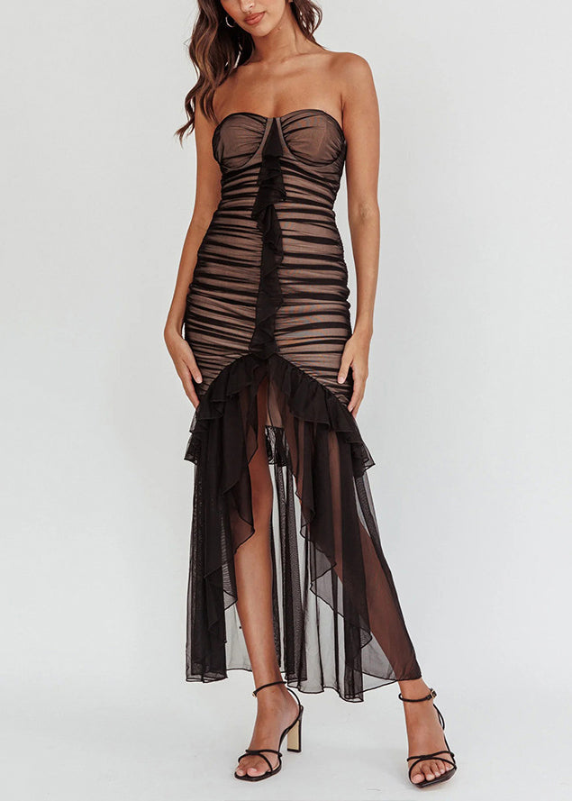 Black Slim Fit Strapless Backless Dress Ruffled