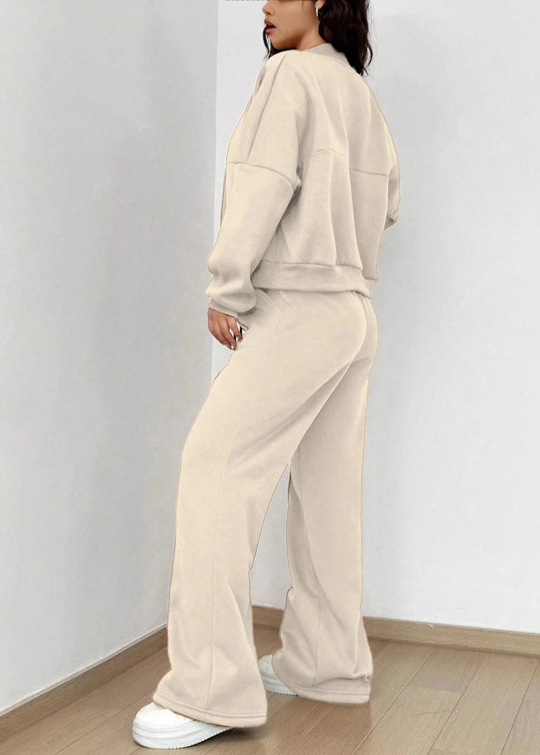 Apricot Zip Up Tops and Pants Cotton Two Piece Set Fall