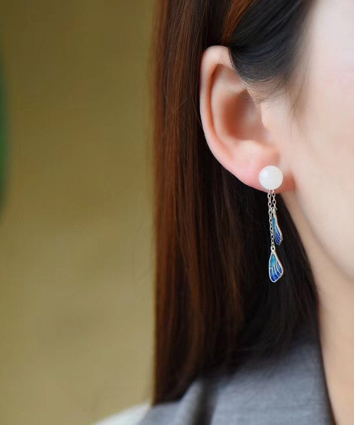 White Sterling Silver Inlaid Jade Enamel Tassel Drop Earrings