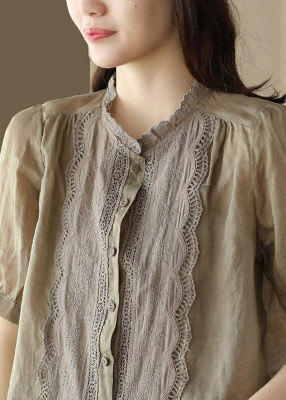 Khaki O-neck Embroidered Ramie Shirt Summer