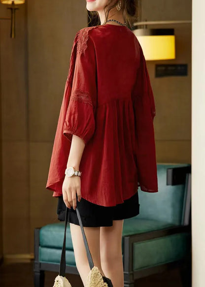 Mulberry O-neck Patchwork Wrinkled Shirts Bracelet Sleeve