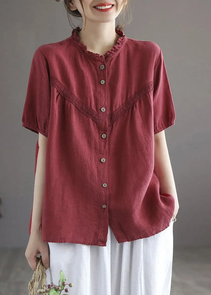 Art Red O-neck Embroidered Button Linen Shirt Lantern Sleeve