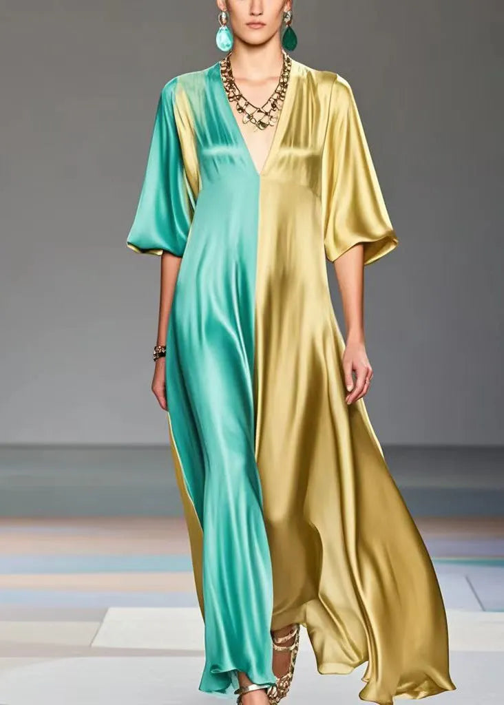 Colorblock V Neck Patchwork Silk Maxi Dresses Summer