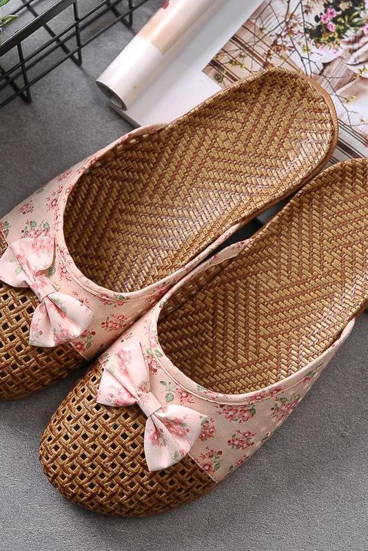Bowknot Splicing Linen Slippers