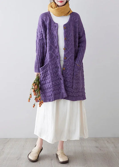 Purple O-neck Button Knit Loose Knit Cardigans Spring