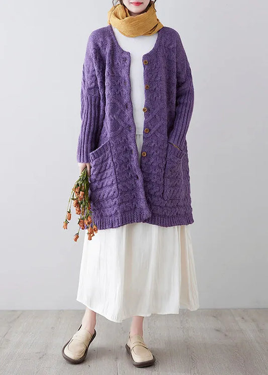 Purple O-neck Button Knit Loose Knit Cardigans Spring