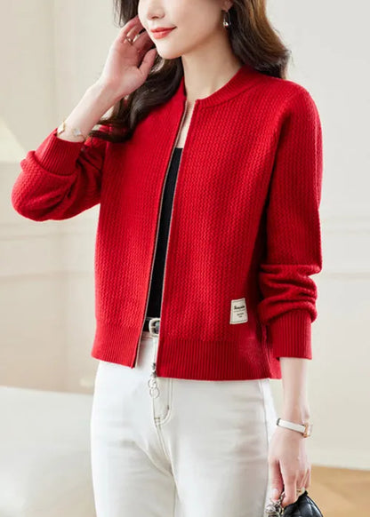New Red Stand Collar Zip Up Knit Coat Fall