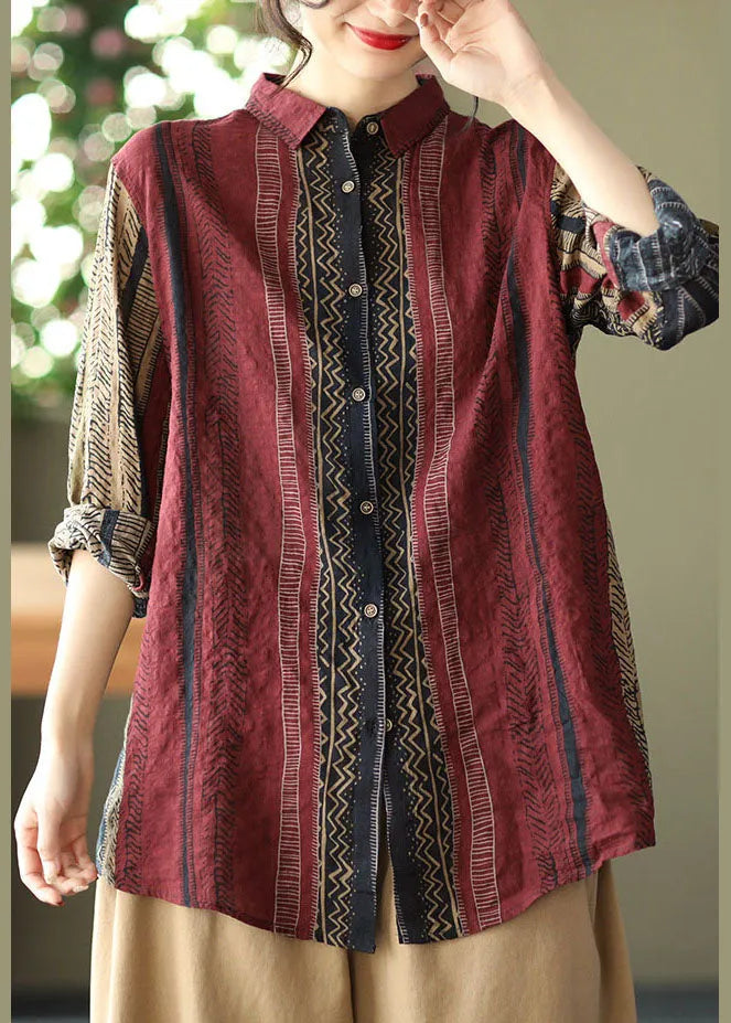 Red Striped Cotton Shirt Top Turn-down Collar Oversized Spring