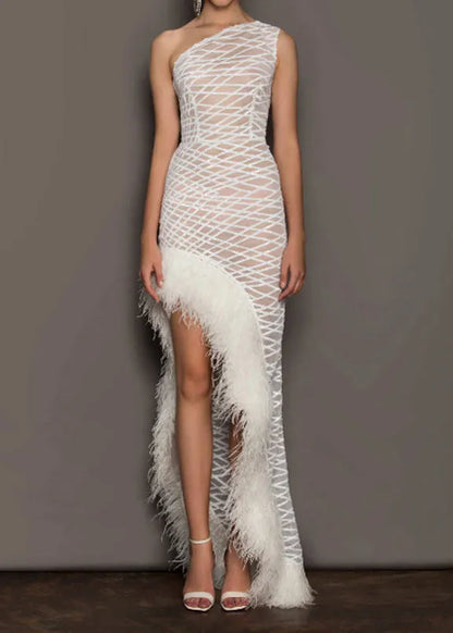 White One-shoulder Asymmetrical Patchwork Tulle Party Dresses Summer